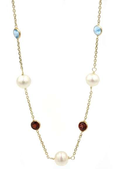 Elegant Pearl and Multi Gem Station Necklace in 14K