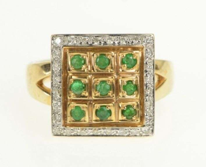 14K Yellow Gold Emerald Diamond Squared Halo Statement Ring