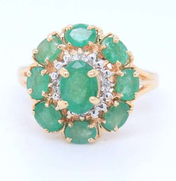 Pleasing Yellow Gold Emerald and Emerald Halo with Diamond Halo Ring