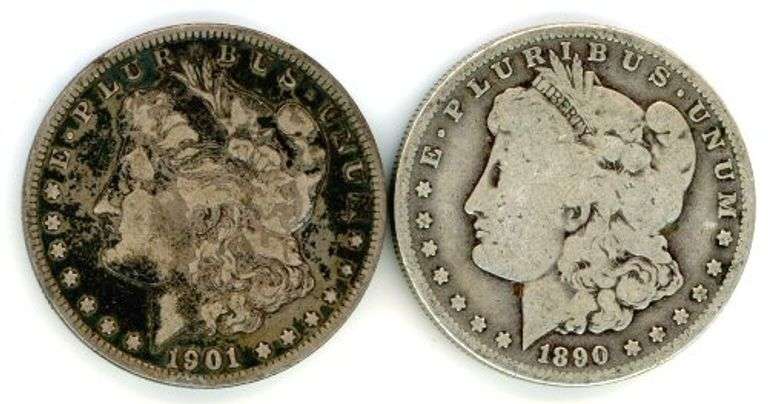 2 Different 'O'-Mint Morgan Silver Dollars: 1890-O & 1901-O