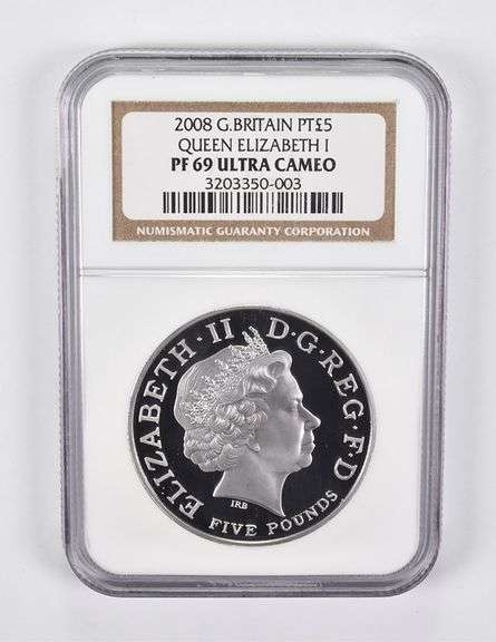 PF69 UCAM 2008 Great Britain 5 Pounds Platinum Queen Elizabeth I NGC