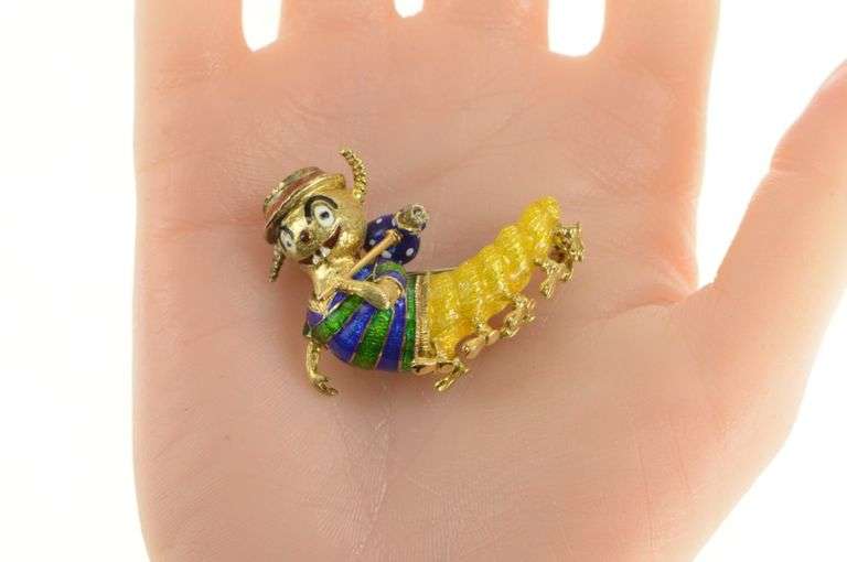 18K Yellow Gold Enamel Stylized Caterpillar Hobo Diamond Pin/Brooch