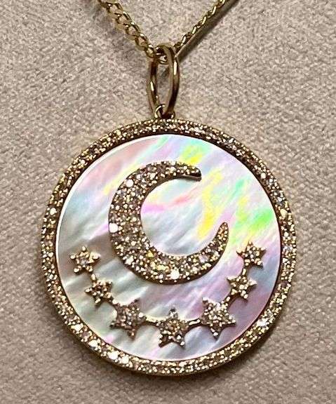 14kt Solid Gold Celestial Charm Pendant with Diamonds And Mother of Pearl