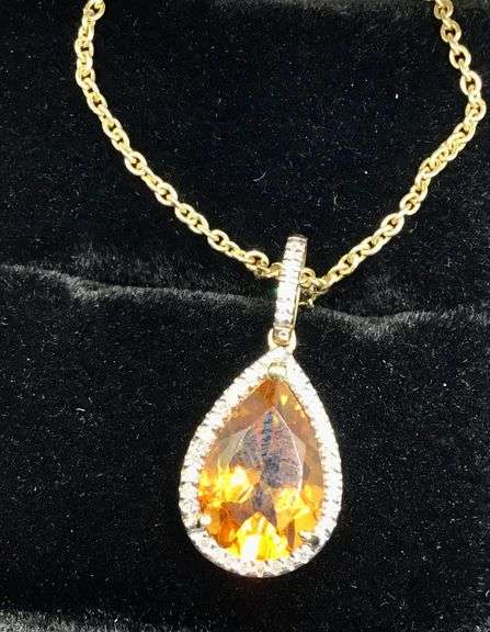 LUXURIOUS YELLOW SILVER CITRINE TEAR DROP NECKLACE WITH DIAMONDS