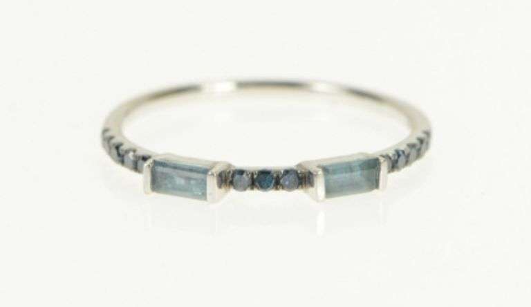 14K White Gold Blue Topaz Blue Diamond Wedding Band Ring