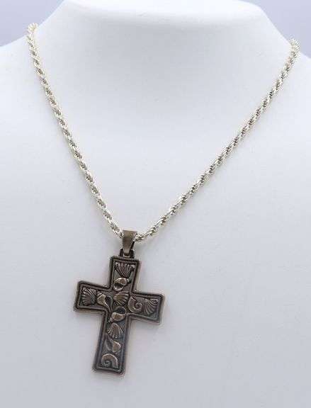 Vintage Sterling Silver Signed Cross Pendant on Rope Chain