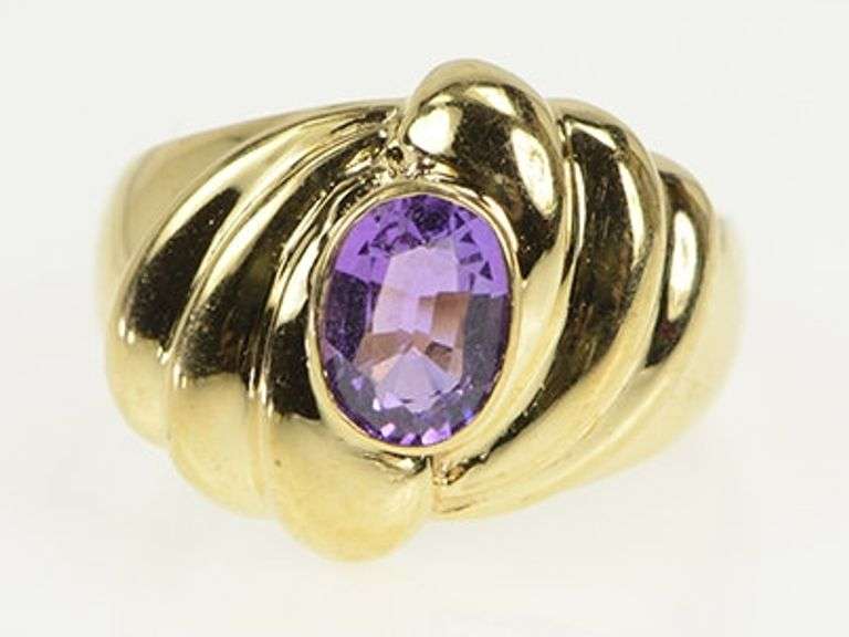 14K Yellow Gold Retro Puffy Amethyst Swirl Twist Design Ring