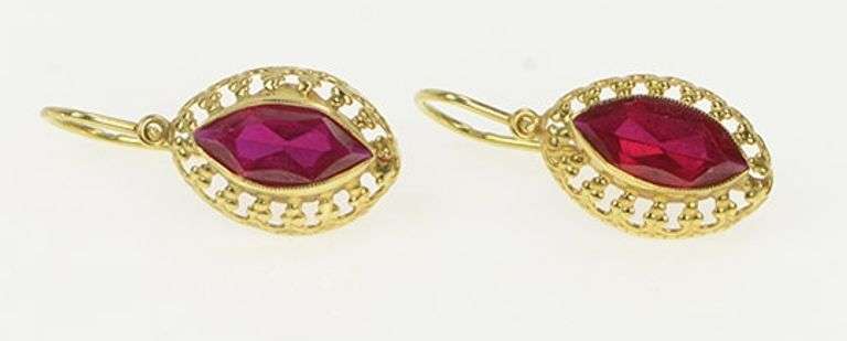14K Yellow Gold Marquise Syn. Ruby Ornate Filigree Dangle Earrings