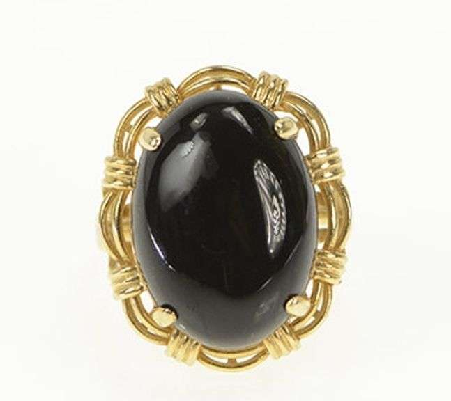14K Yellow Gold Oval Black Onyx Cabochon Statement Vintage Ring