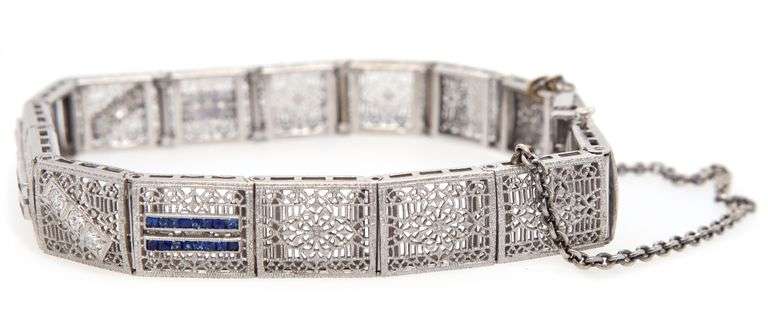Vintage 0.28ctw Diamond and Synthetic Sapphire Scroll Milgrain Bracelet in 14K and Platinum