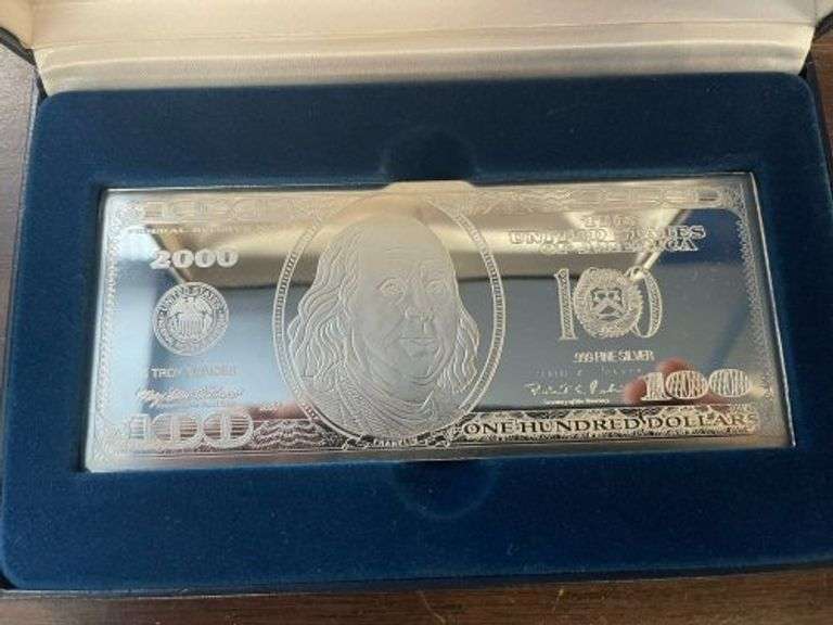 Prooflike 4 Troy Oz pure .999 Fine Silver $100 bar. Box/COA