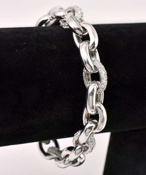 Fancy Link Chain Bracelet With CZ Gems In Sterling Silver