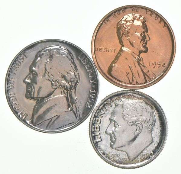 (3) 1952 PF Coins Lincoln Wheat Cent, Jefferson Nickel, Roosevelt Dime