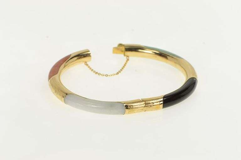 14K Yellow Gold Ornate Vintage Carved Jade Engraved Bangle Bracelet