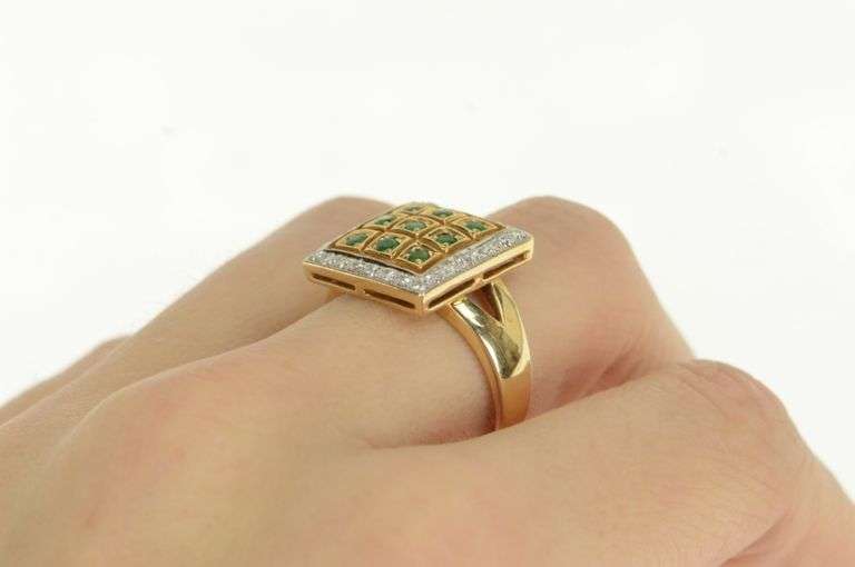 14K Yellow Gold Emerald Diamond Squared Halo Statement Ring