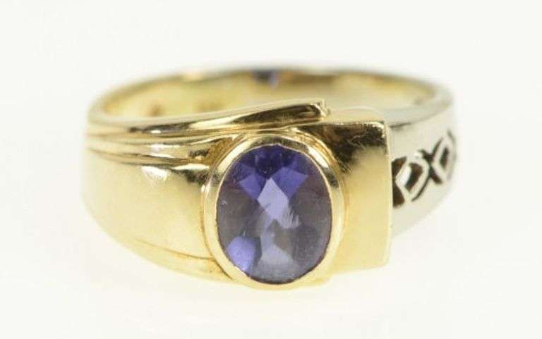 14K White Gold Modernist Oval Two Tone Geometric Sim. Iolite Ring