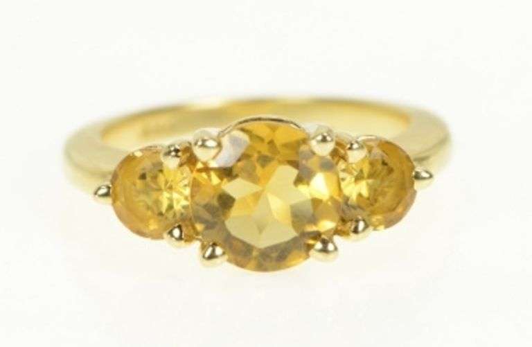 14K Yellow Gold Three Stone Citrine Vintage Statement Ring