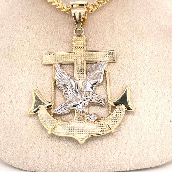 14K YELLOW AND WHITE GOLD ANCHOR & EAGLE CHARM WITH CHAIN
