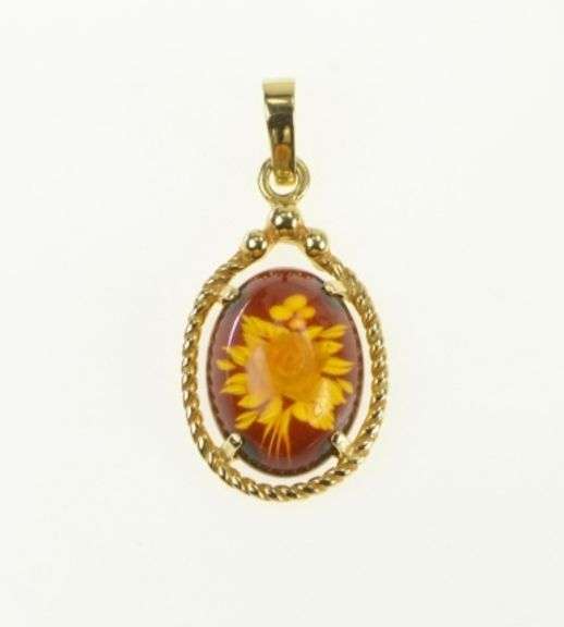 14K Yellow Gold Vintage Ornate Carved Rose Flower Glass Pendant