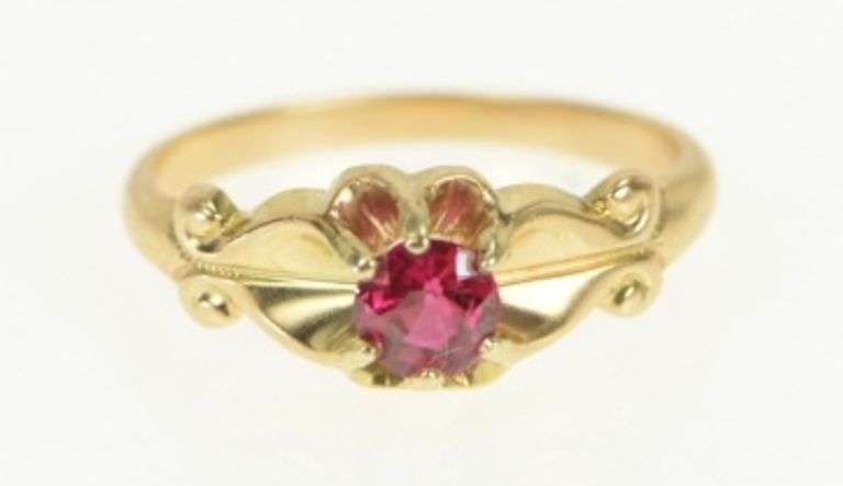 14K Yellow Gold Round Sim. Ruby Ornate Vintage Statement Ring