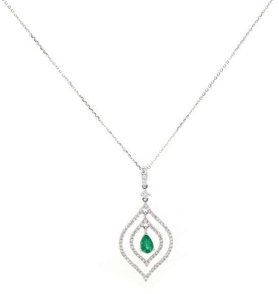 Italian 0.40ct Pear Cut Emerald and 0.80ctw Diamond Pendant Necklace in 14K