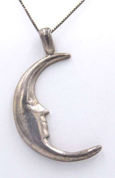 Vintage 25 Sterling Silver Half Moon Pendant on Box Chain Necklace