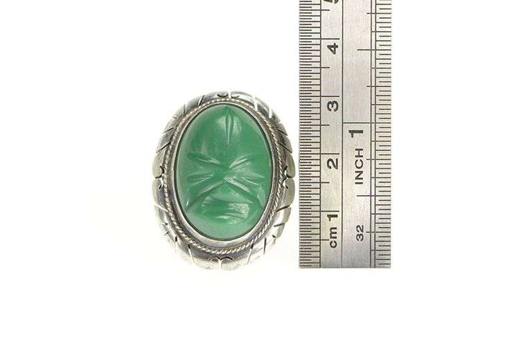 Sterling Silver Green Agate Carved Tribal Mask Statement Ring