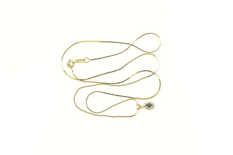 14K Yellow Gold Marquise Sapphire Diamond Halo Square Chain Necklace
