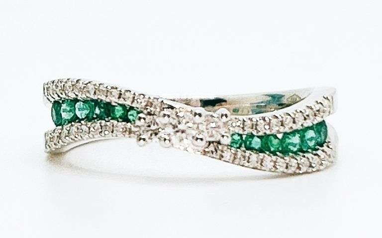 Flowing Channel Set 18k White Gold Emerald and Diamond Ring with Triple-Stone Center
