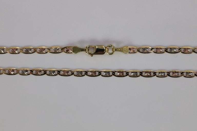 10k Gold Rose White Yellow Tri Color Solid Valentino Diamond-Cut Star Link Chain 2.6mm Necklace 24"