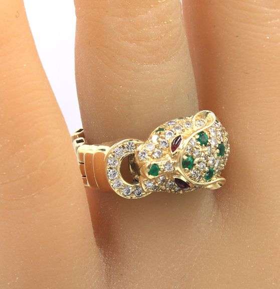 Charming Yellow Gold Emerald, Diamond and Ruby Panther Ring