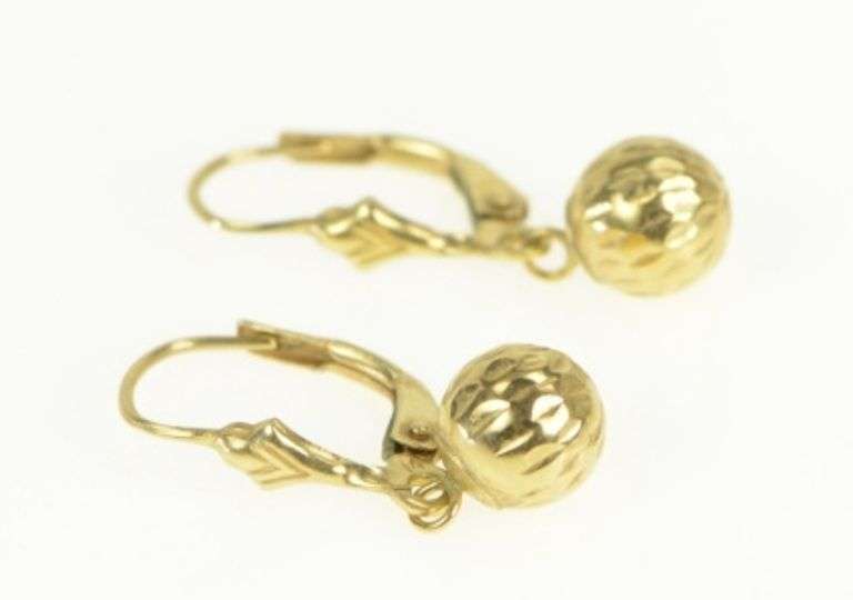 14K Yellow Gold Diamond Cut Ball Sphere Dangle Lever Back Earrings