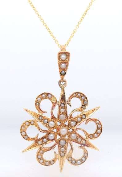 Antique Yellow Gold Pearl Star Pendant on Chain
