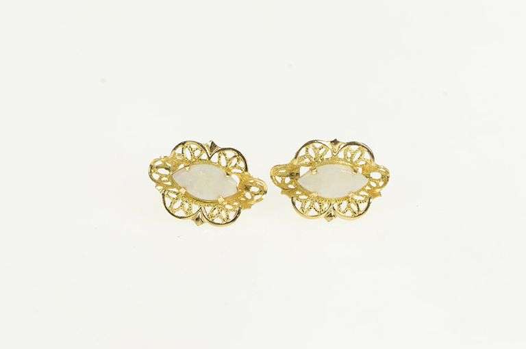 14K Yellow Gold Marquise Opal Ornate Filigree Stud Earrings