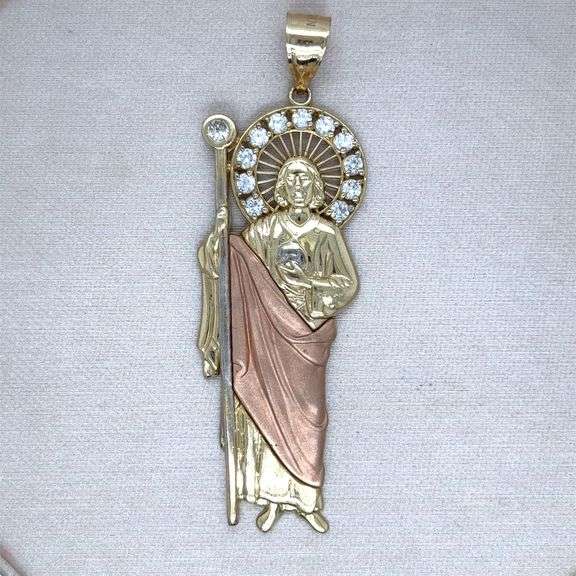 14K TRICOLOR SAINT JUDAS CHARM NECKLACE ADORNED WITH CUBIC ZIRCONIA STONES