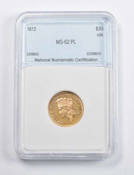 MS62 PL 1872 $3 Indian Princess Head Gold Three Dollar Piece NNC