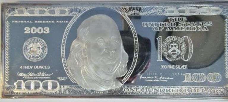 Prooflike 4 Troy Oz pure .999 Fine Silver $100 bar. Box/COA