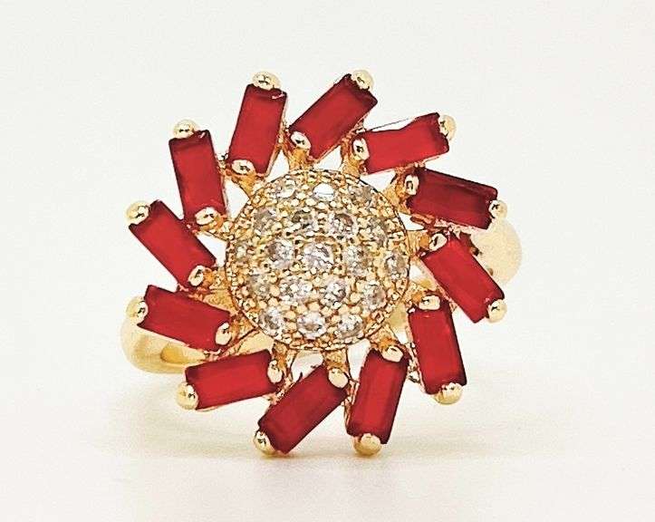 22KT YELLOW GOLD PLATED, GARNET, & DIAMOND COCKTAIL RING