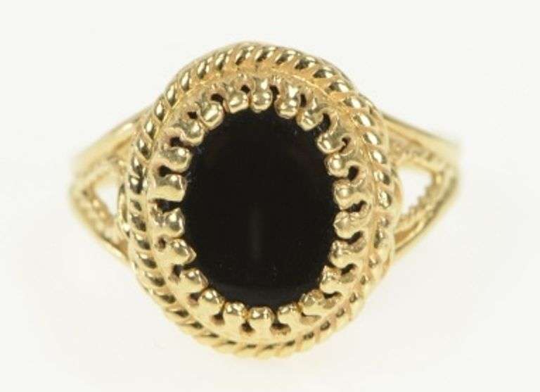 14K Yellow Gold Oval Black Onyx Ornate Filigree Mourning Ring