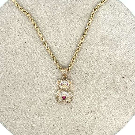 14K YELLOW GOLD SPARKLING PINK HEART BEAR CHARM NECKLACE