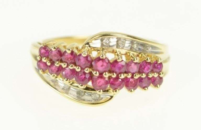 14K Yellow Gold Natural Ruby Diamond Band Statement Ring