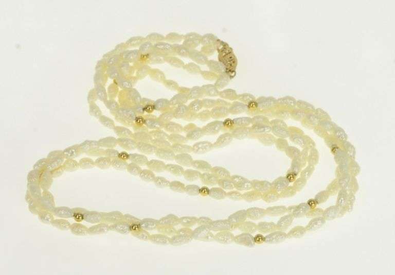 14K Yellow Gold 3.7mm Pearl Layered Beaded Retro Vintage Necklace
