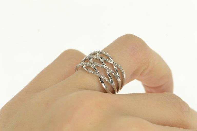 10K White Gold Diamond Encrusted Wavy Layered Band Ring