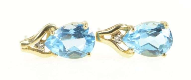 14K Yellow Gold Blue Topaz Diamond Accent Classic Stud Earrings