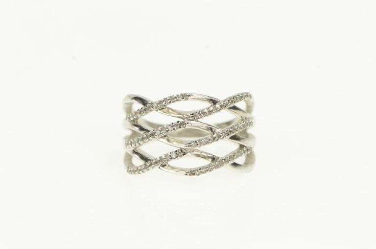 10K White Gold Diamond Encrusted Wavy Layered Band Ring