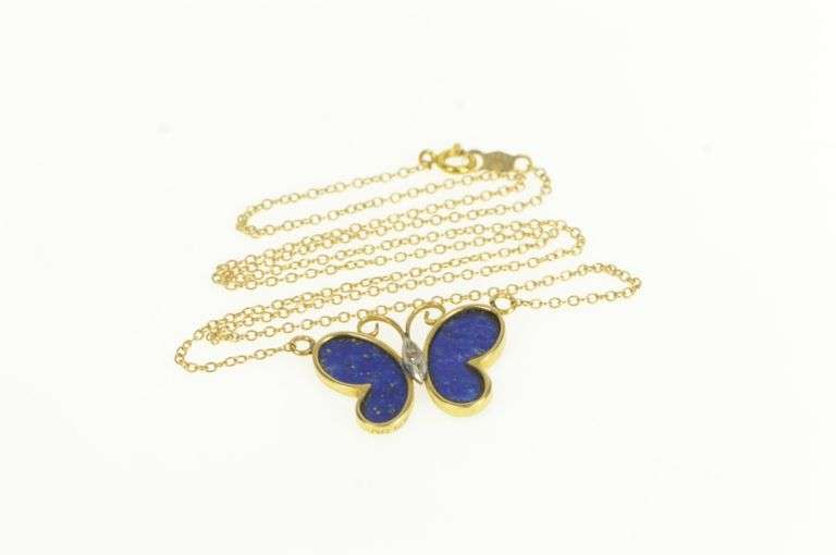 14K Yellow Gold Lapis Lazuli Carved Butterfly Change Symbol Necklace