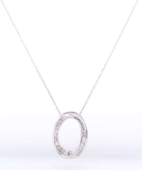 Sparkling White Gold Baguette and Round Diamond oval Pendant on Chain