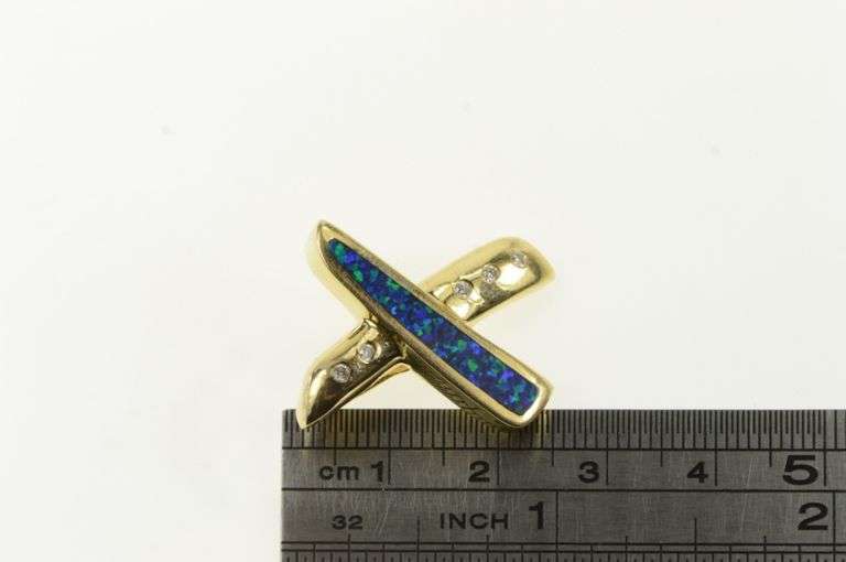 14K Yellow Gold Diamond Syn. Black Opal Inlay X Criss Cross Pendant