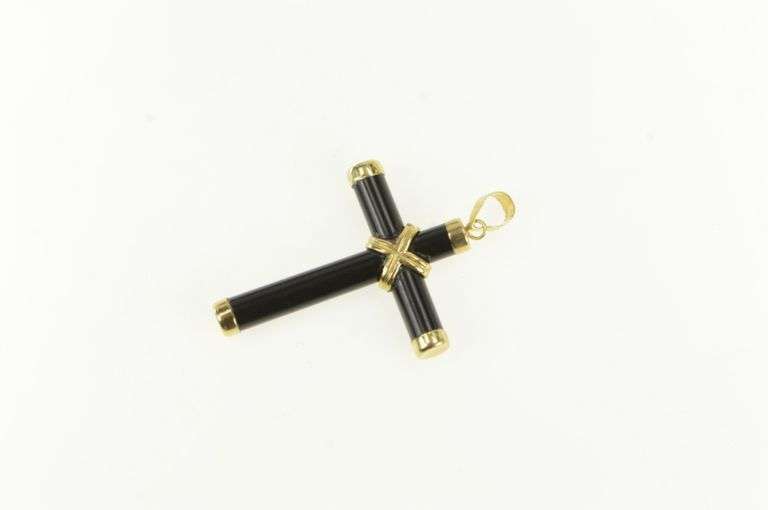14K Yellow Gold Black Onyx Carved Cross Christian Faith Pendant