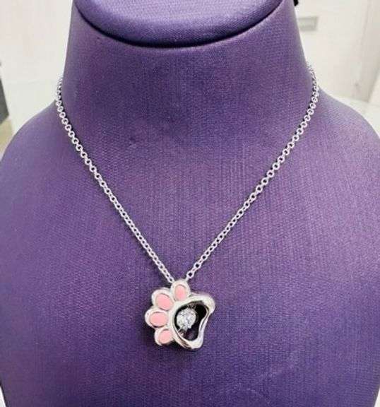 SOLID STERLING SILVER WITH PINK ENAMEL DOG PAW PENDANT